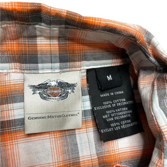 Harley-Davidson Short Sleeve Pearl Snap Button Down Shirt Orange Plaid Medium - Picture 6 of 6